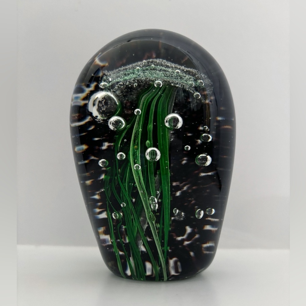 Jellyfish Paperweight Vintage Art Glass Controlled Bubbles Green Black